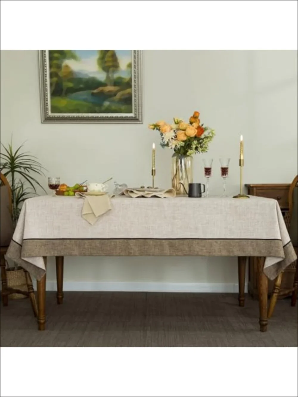 Linen Style Tablecloth 55x102 Rectangular Mitered Border Washable Dining